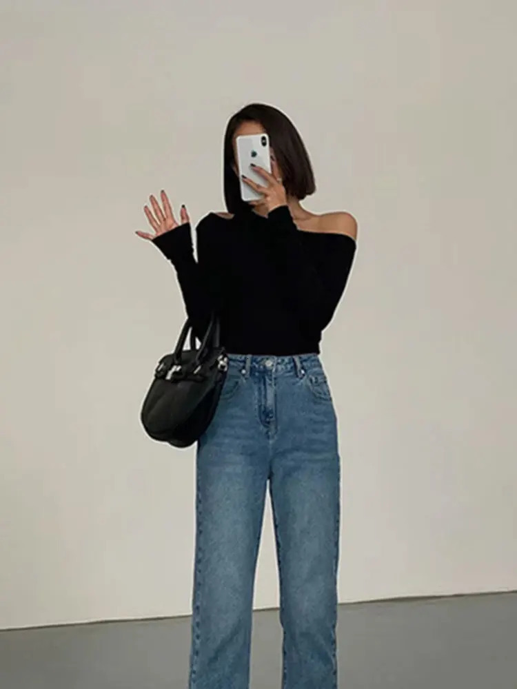 Fashion Skew Collar Offshoulder Longsleeved Tshirt Spring Solid Slim Fit Crop Top Sexy Hollow Out Tees Shirts 250208Z