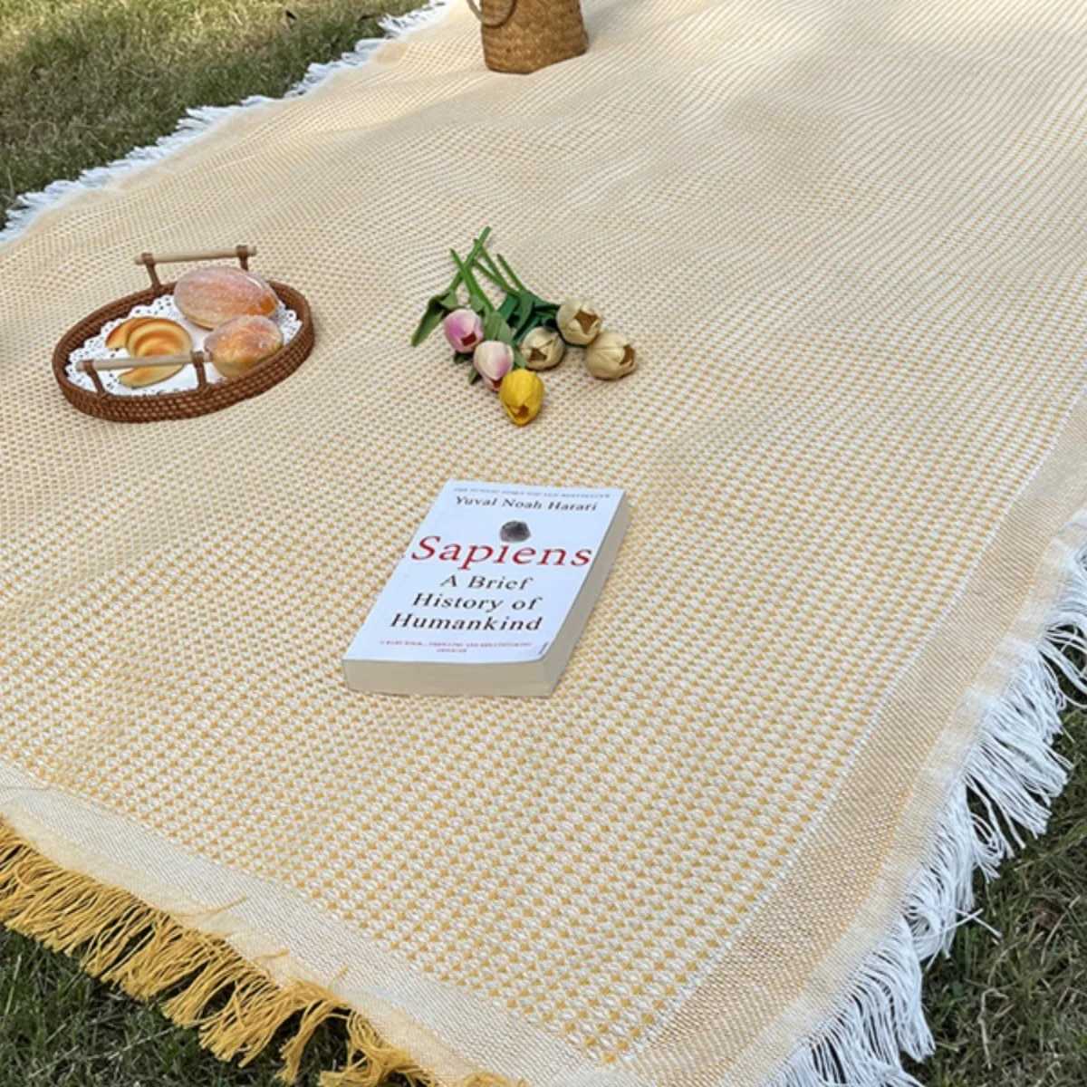 Picnic Blanket with Tassel Camping Mat Lawn Pad for Outdoor Travel Portable Knitting Tablecloth Nap Bedspread Y250210