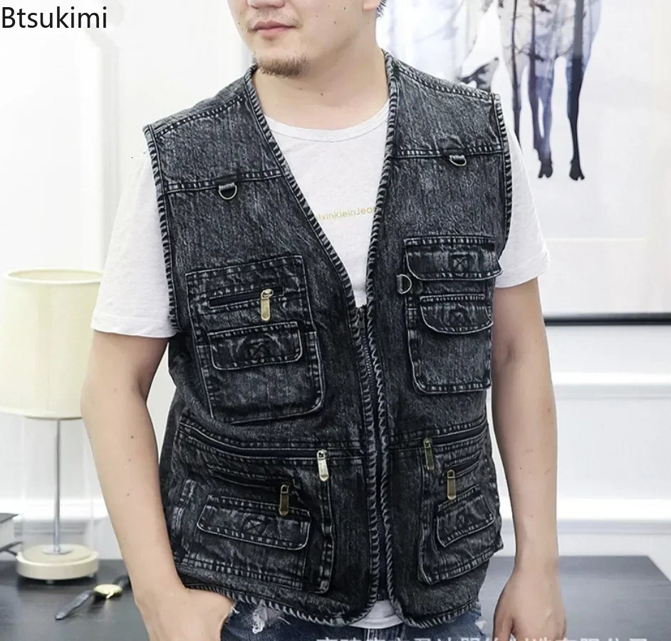 Mens Pure Cotton Denim Vest Multipocket Loose Casual Sleeveless Jacket Male Hiking Fishing Travel Waistcoat Plus Size 250207