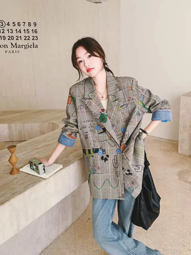 Grey checkered suit womens jacket spring/summer item double-layer corset collar loose casual graffiti print set 250207