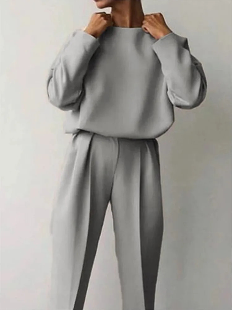 Womens Elegant Solid Color Two Piece Sets Casual O Neck Pullover Full Sleeve Tops Pants Suit 2 Set Woman Fashion Outfits 250206