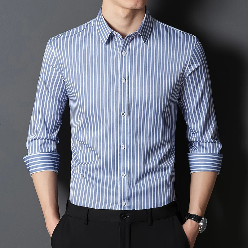 Mens business striped slightly elastic slim-fit fashionable casual comfortable handsome long-sleeved shirt classic formal wear 250207