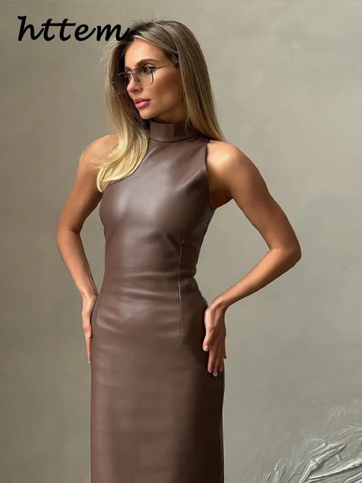Vintage Midi Leather Dres Slim Turtleneck Sleeveless Hip Package Female Dresses 2024 Autumn Lady Elegant Party 250207