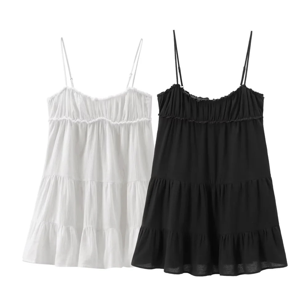 BMURHMZA 2024 Summer Product Womens Fashion Sleeveless Sexy Midi Layered Splicing Strap Short Dress Skirt 250207