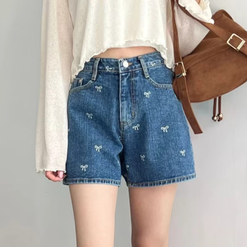 HELIAR Women's Designer Bow Embroidered Cowboy Strap Pocket Fashion Casual High Waist A-e Jeans Shorts Women's Office Pants Summer New Style
