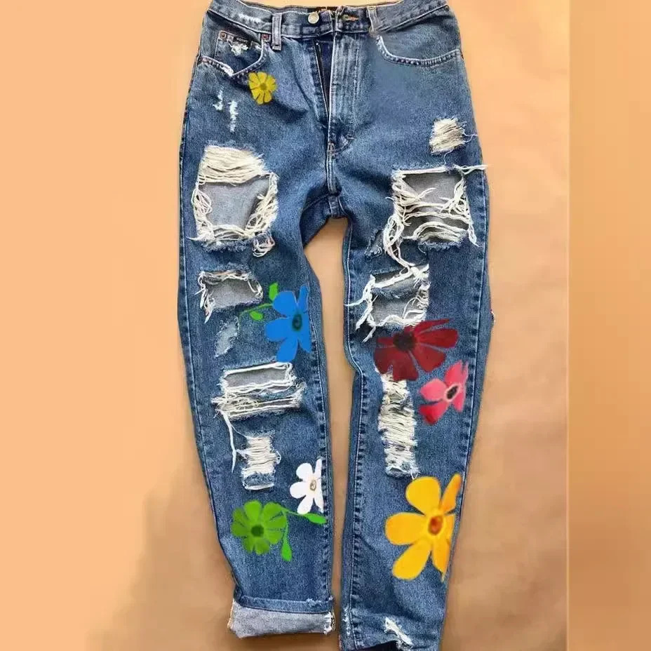 Printed Ripped Fashion High Waist Four Seasons Straight Through Womens Jeans Trousers 250206