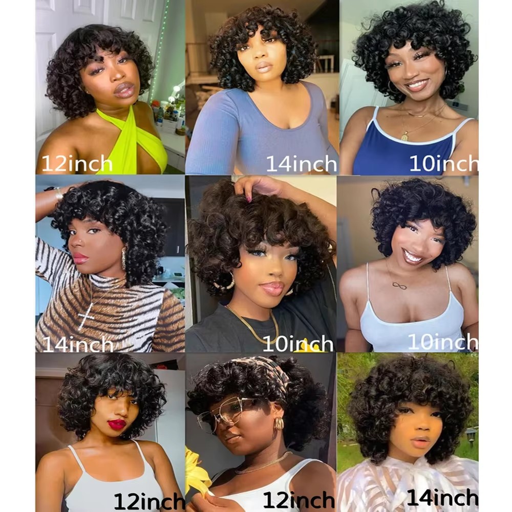 Afro Rose Curly Funmi Wigs with Bang Short Bouncy Curly Bob Wig glueless Machine Made Rose Curl cheap Human Hair Wig For Black Women 180%density full 