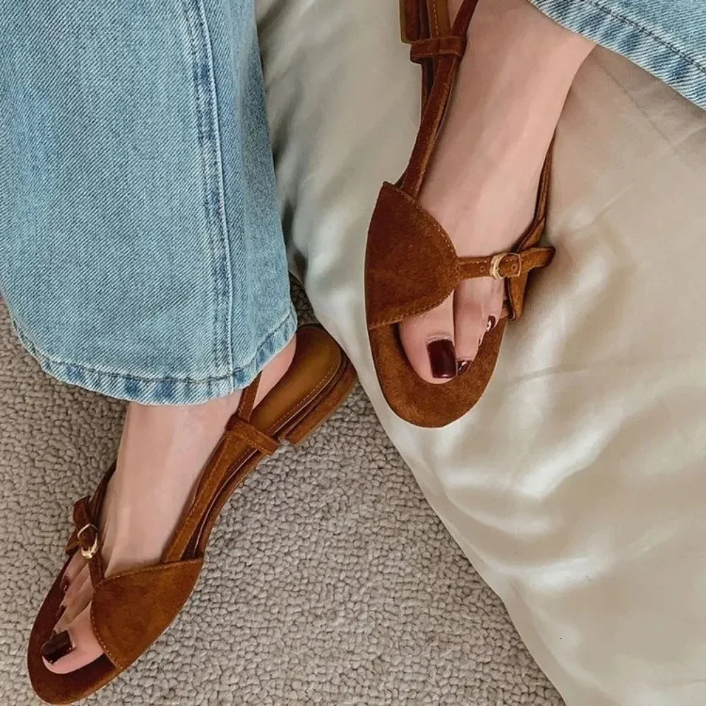 Summer New Sales Open Toe Fashion Belt Buckle Hollow Matte Suede Casual Womens Low Heel Sandals Slip On 250207