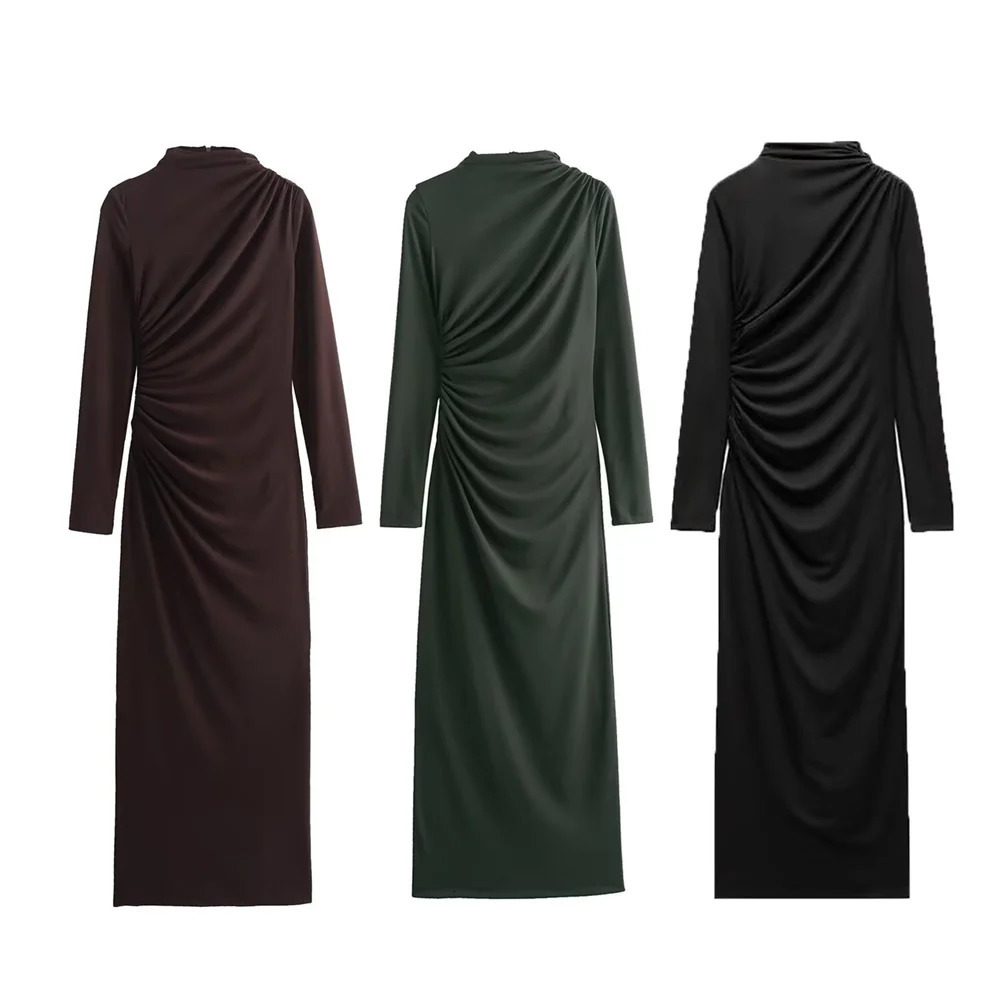 Zach Ailsa womens slim fit pleated decorative Midi dress autumn item stand collar long sleeved mid length skirt 250207