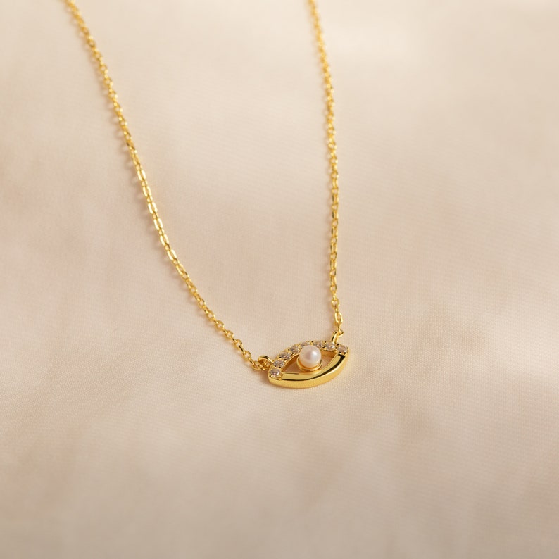 Pave Diamond Evil Eye Charm Necklace Dainty Crystal Necklace with Pearl Bead Perfect Gift for Her