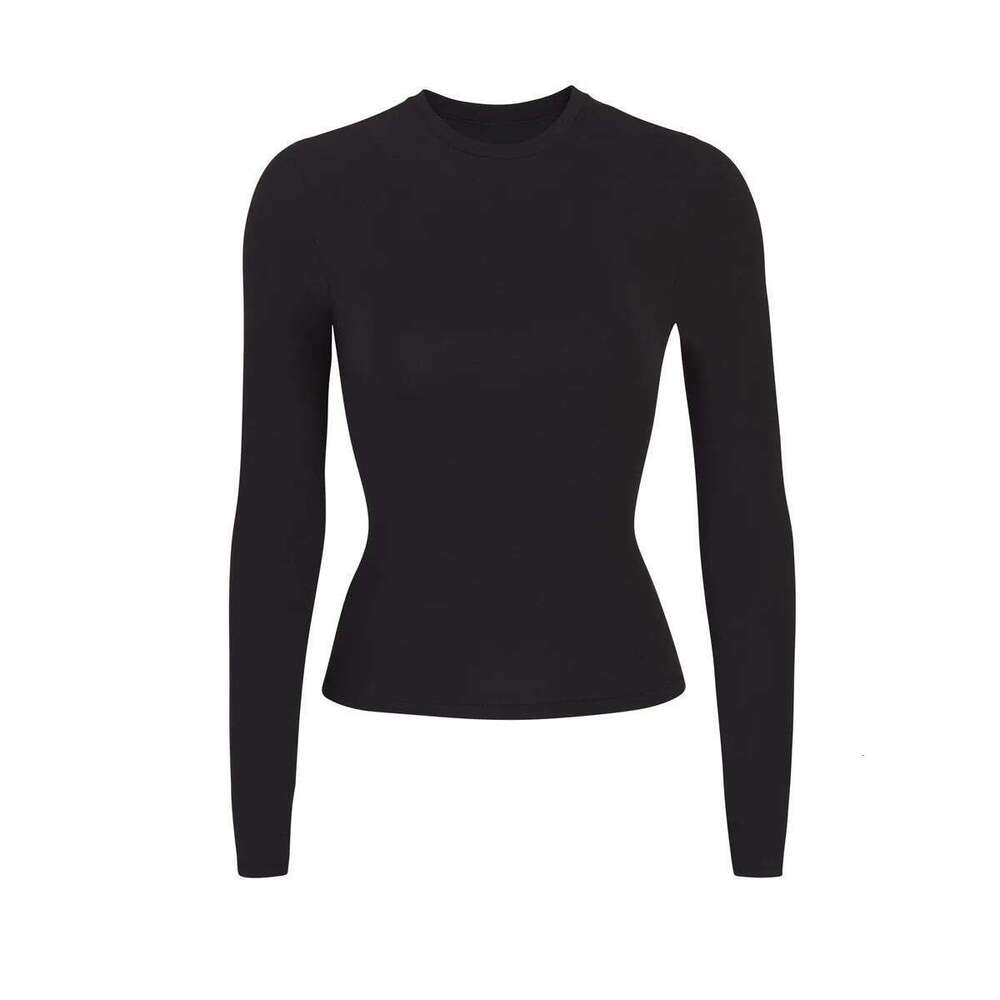 Women's autumn fashion SK style, solid color round neck long sleeved high neck waist cinched basic top for women's casual base shirt