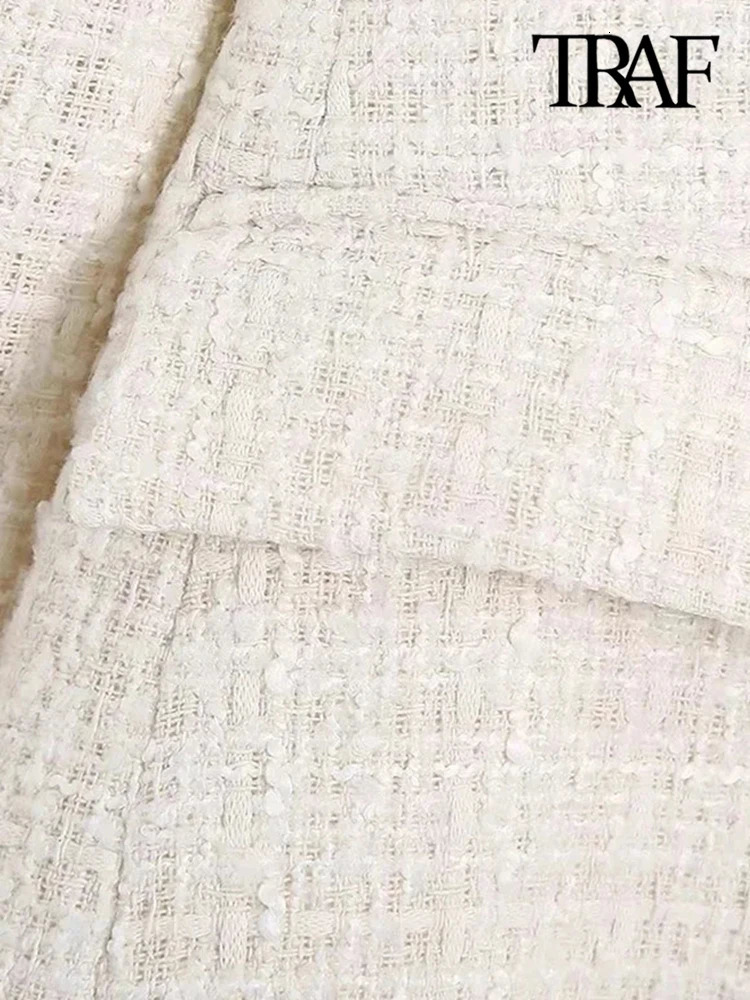 TRAF Women Fashion Tweed Double Breasted Blazer Coat Vintage Long Sleeve Flap Pockets Female Outerwear Chic Veste Femme 250208wtt