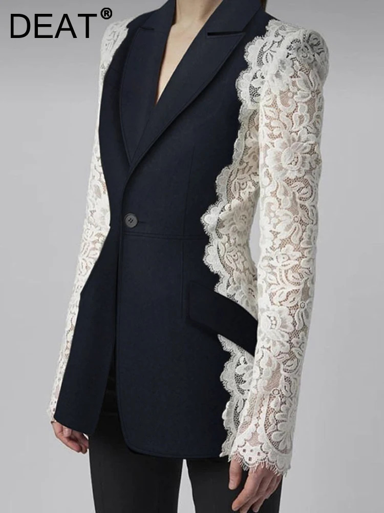 DEAT Fashion Womens Blazer Fashion Notched Lace Patchwork Long Sleeve Comparison Set Womens Jacket Spring 17A1298 250207