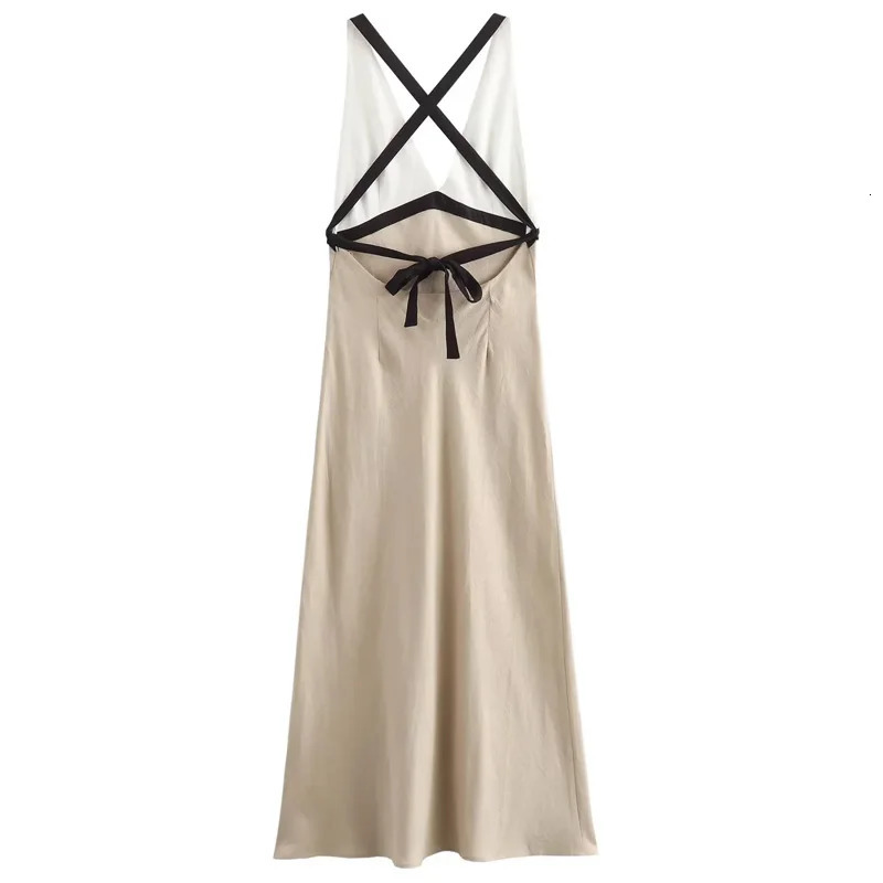 TRAF Womens Dress 2025 Sleeveless Halter Long Dresses Backless Sexy Elegant Party Patchwork Sundress Midi 250207