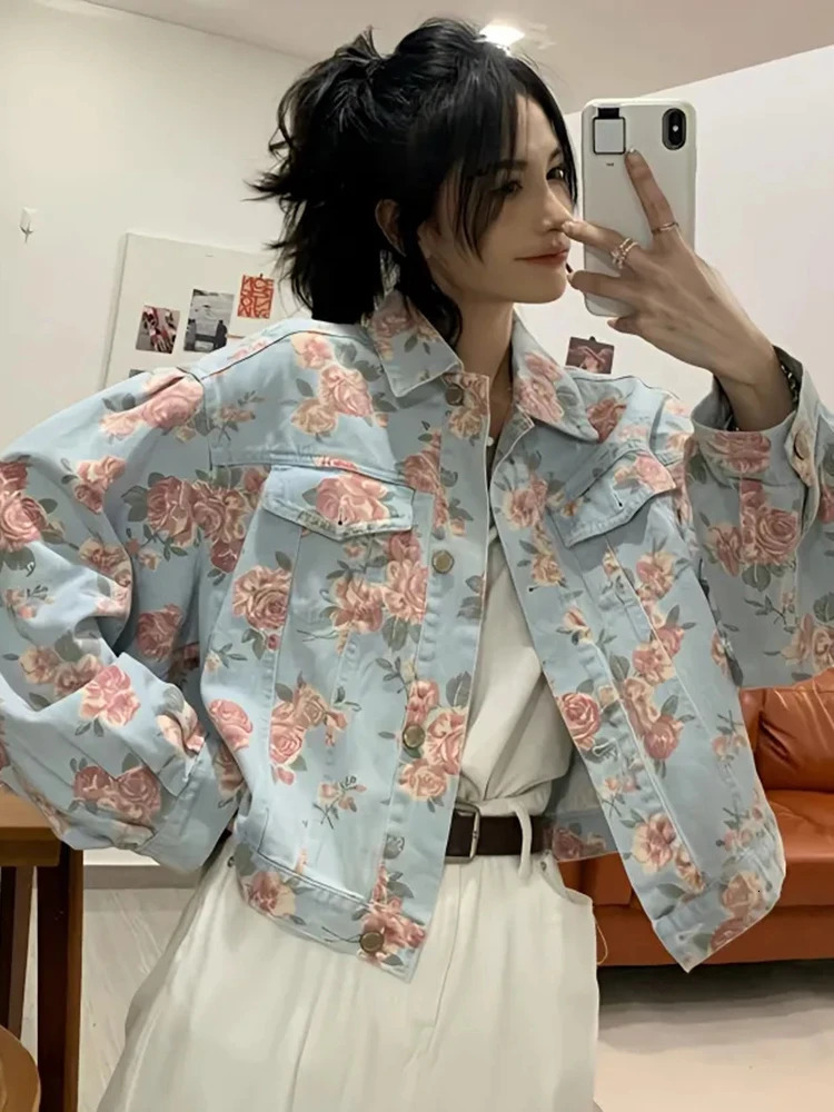 Jmprs Vintage Rose Floral Denim Jacket Korean Loose Elegant Short Coat Sweet Long Sleeve Casual Lady Retro Harajuku Tops 250113