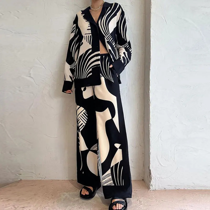Women Digital Print 2 Piece Set Chic Lapel Long Sleeved Blouse Top Loose Straight Leg Pants Suit Fashion Streetwear Outfits 250207
