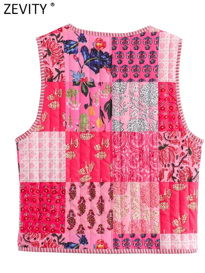Zevity Women National Style Sleeveless Patchwork Floral Print Quilted Vest Jacket Ladies Lace Up WaistCoat Chic Crop Tops CT6267 250207