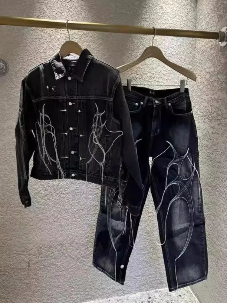 High Street Mens Loose Fit Tassels y Denim Jacket Jeans Two Piece Set Stage Show Outfits Hip Hop Cowboy Sets 250108