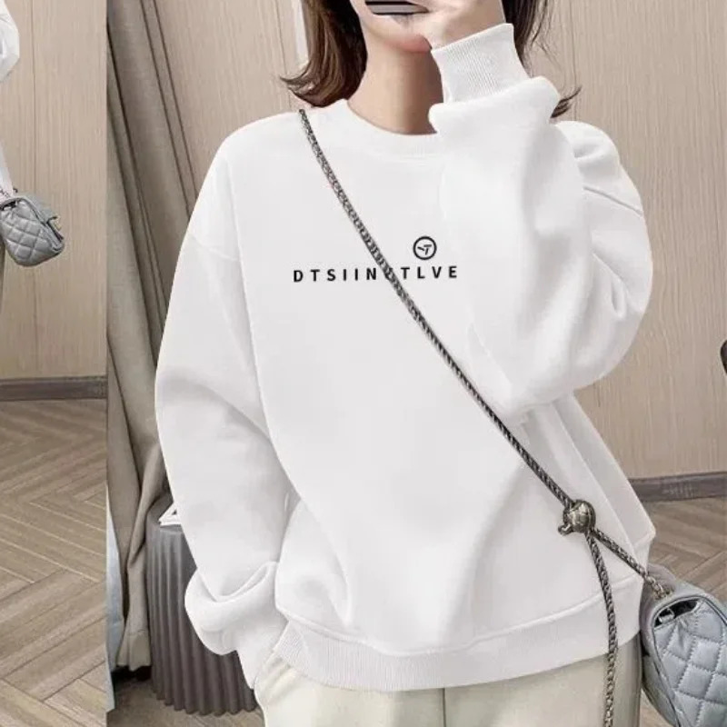 Office Lady Korean Pullover Round Neck Flocking Lantern Long Sleeve Printing Letter Casual Womens Clothing Autumn Winter Tops 250208Z