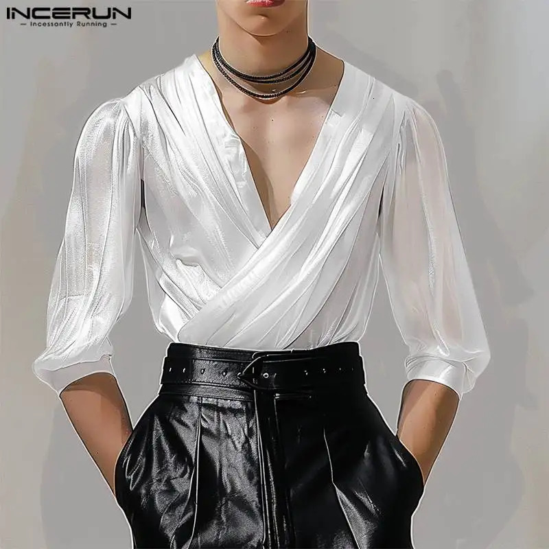 Fashion Well Fitting Tops INCERUN Mens Matte Fabric Swing Collar T-shirts Summer Casual Solid Long Sleeved Shirt S-5XL 250207