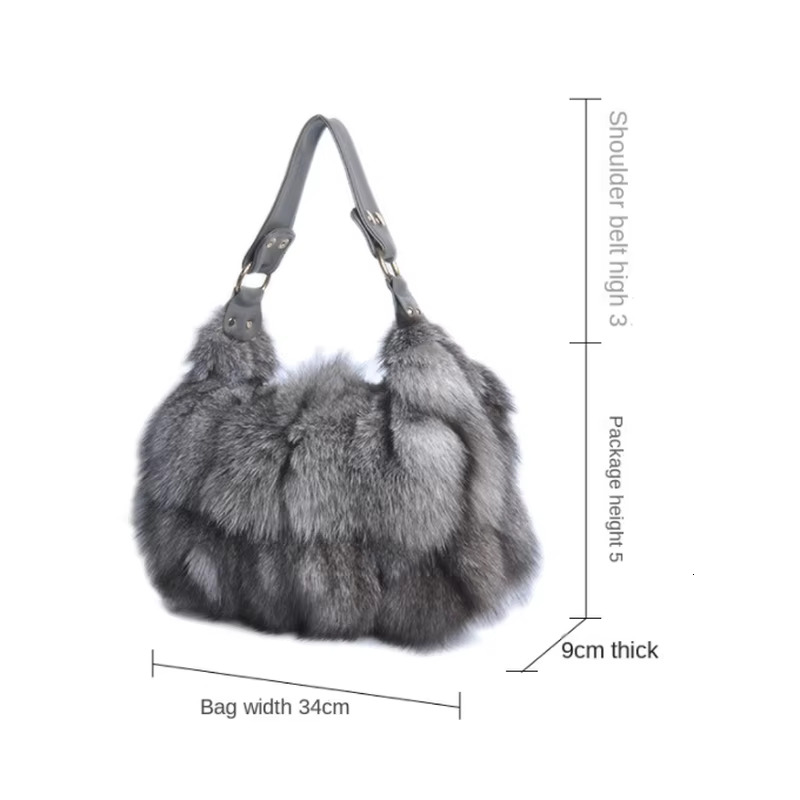 FXFURS 2021 New Real Women Message Single Shoulder Crossbody Bags Sier Fox Fur Large Lady Clutch Bag