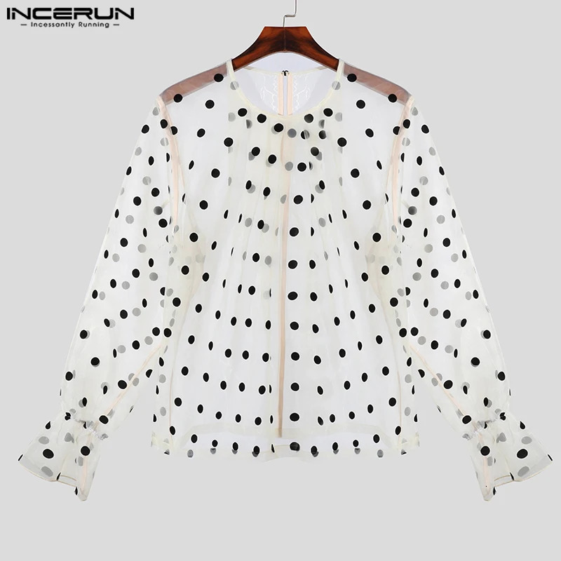 Fashion Casual Style Tops INCERUN Mens High Neck Polka Dot Perspective Shirts Clubwear Thin Puff Long Sleeved Blouse S-5XL 250207