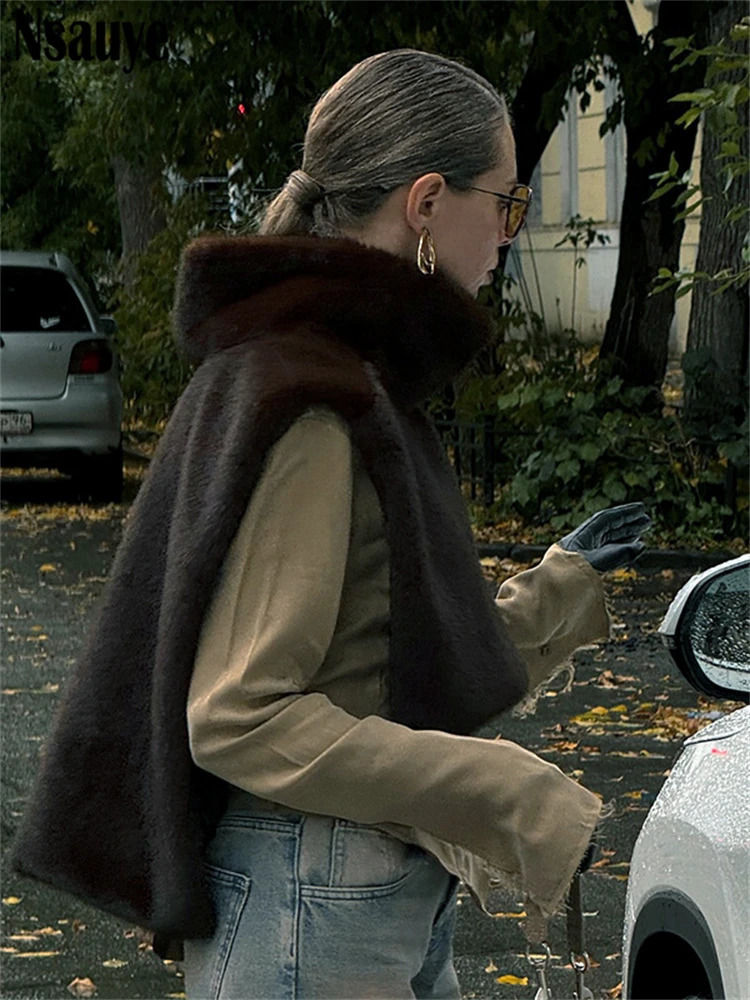 Nsauye Winter Female Chic Fashion Sleeveless Faux Fur Womens Coat Thickened Warm Jackets Outerwear Tops Ladies Coats 250207