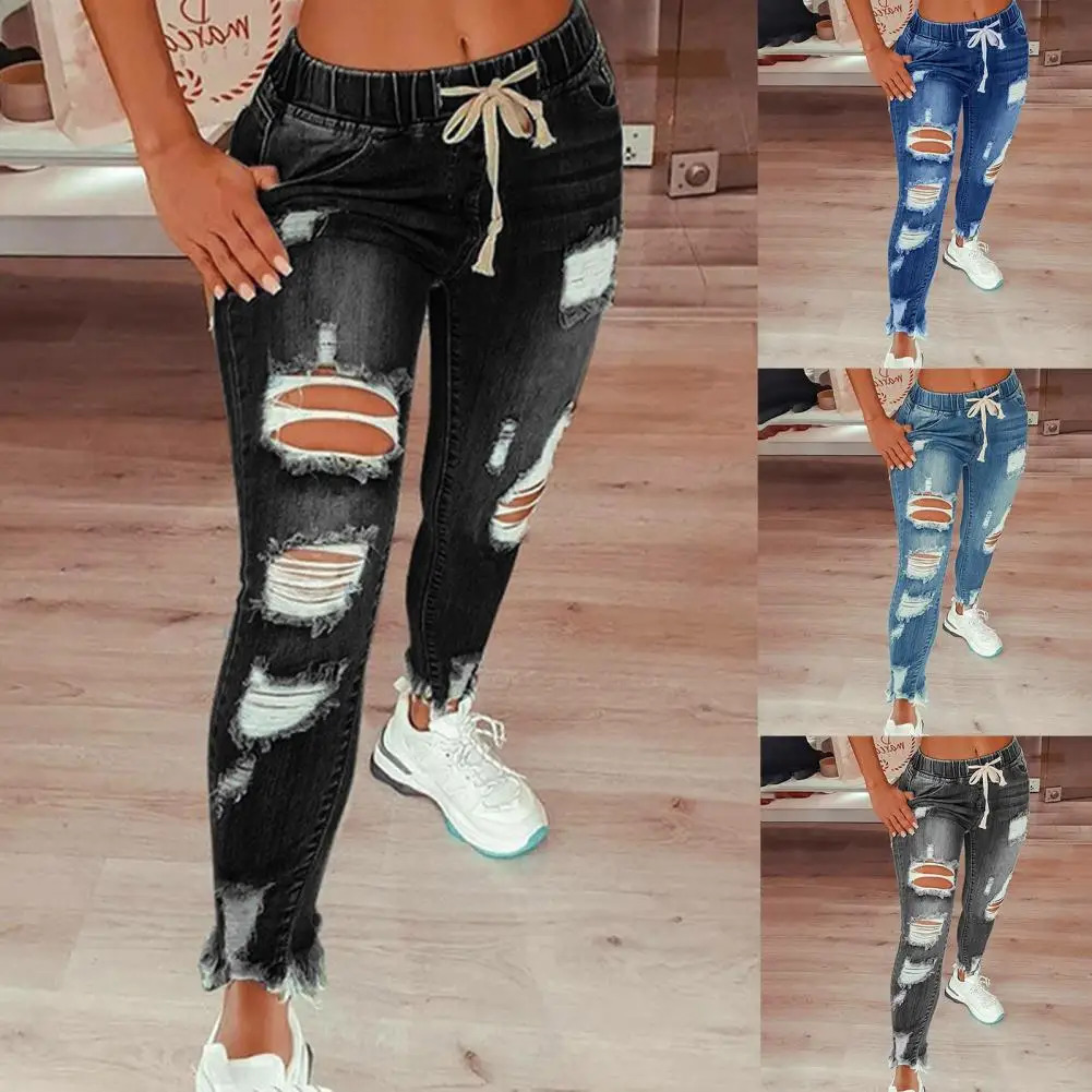 Womens Stretch Skinny Ripped Hole Washed Denim mom Jeans Female Slim Jeggings High Waist Pencil Pants Trousers 250206