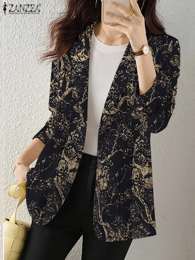 Womens Autumn OL Blazer ZANZEA Elegant Floral Printed Jackets Lapel Neck Long Sleeve Thin Outwear Summer Suits Officewear 250207