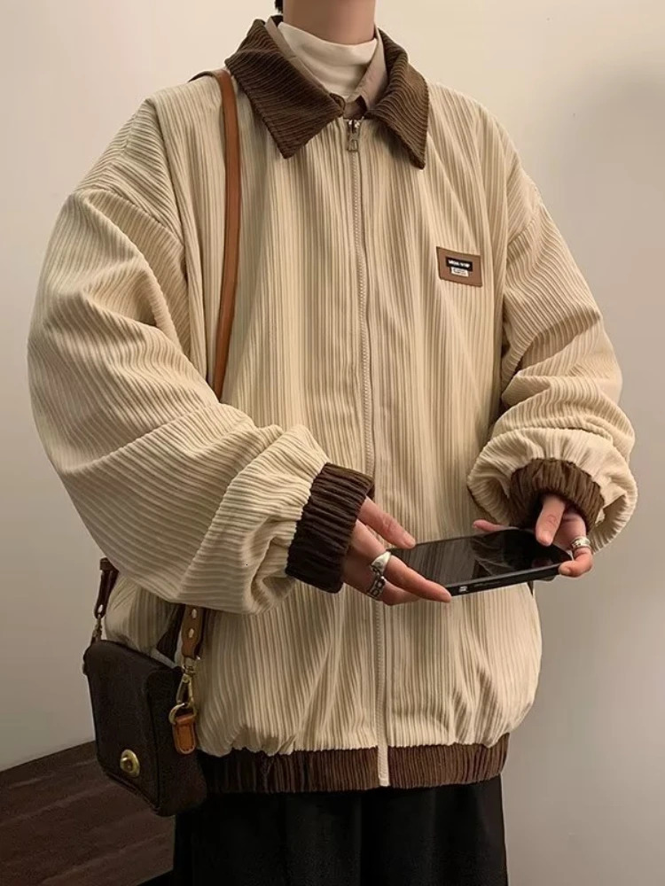 Mens Jackets Contrast Color Vintage Hong Kong Style Loose Leisure Allmatch Cozy Lapel Teens Streetwear Youthful Warm Classic 250208Z