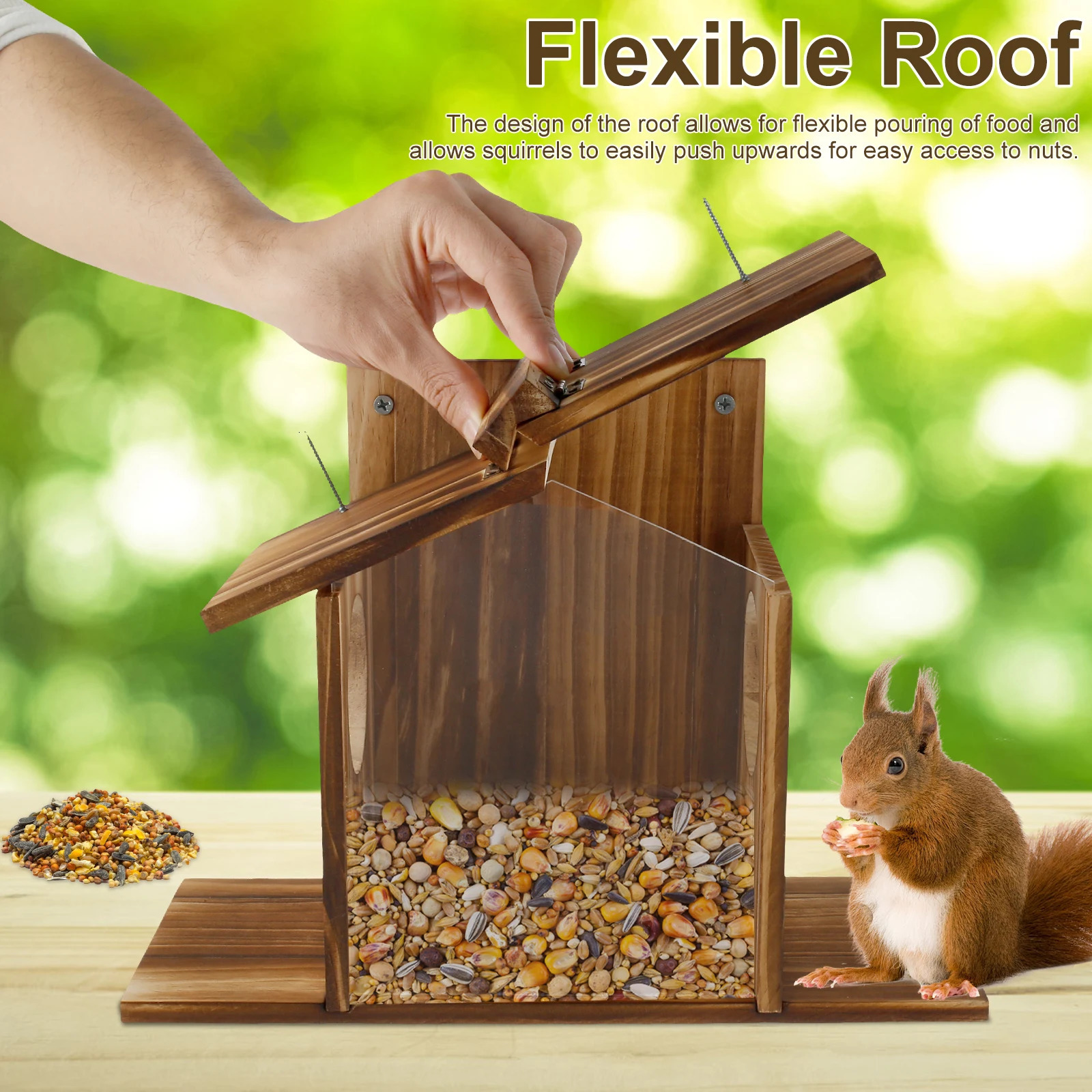 Wooden Squirrel Feeder Large Capacity Squirrel Feeder House with Roof Squirrel Feeding Stations Garden Decor for Corn 250207