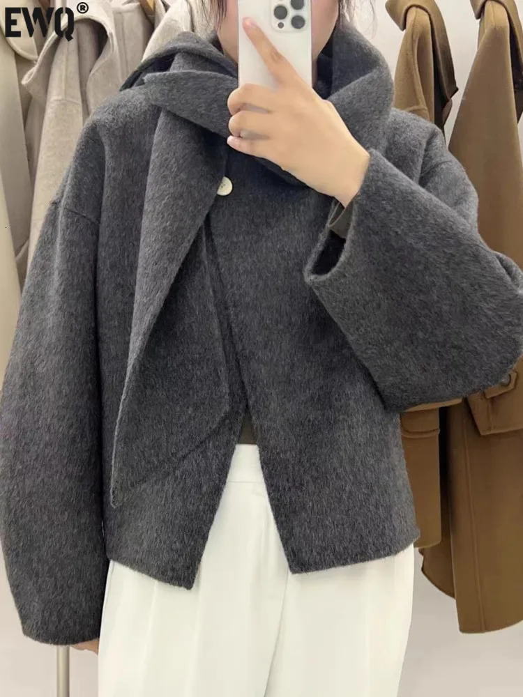 EWQ Fashion Allmatch Long Sleeve Scarf Collar Female Doublefaced Cashmere Coat Women Woolen Coats 2025 Winter Short Jacket 250109Z