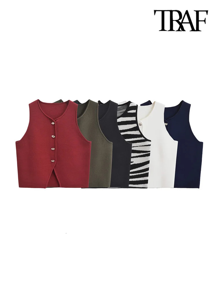 TRAFWomens Front Button Cropped Knit Vest Sweater V Neck Sleeveless Female Waistcoat Chic Tops Fashion 250207