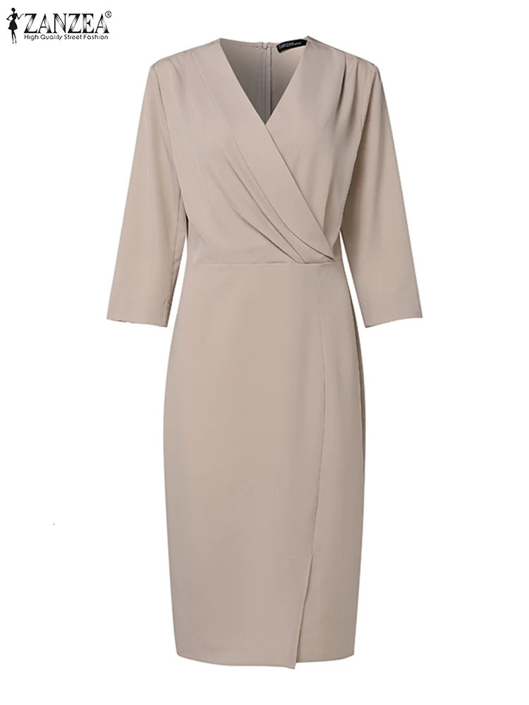 ZANZEA Women Korean Fashion OL Dresses 34 Sleeve Sexy Solid Color Slim Fit Midi Dress 2024 Elegant V Neck Party 250207