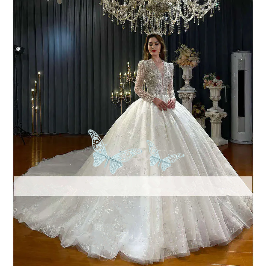 Luxury Dubai Arabic Beaded Ball Gowns Vintage Off The Shoulder Wedding Dresses Vestidos De Novia Sequined Bridal Gown Pearls Robes De Soiree Stye A B