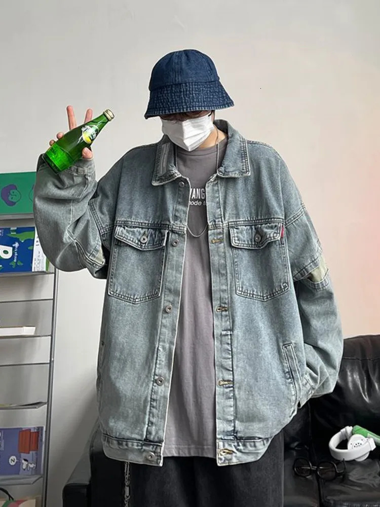 Loose Denim Jacket Men Casual Solid Color Lapel Single Breasted Jeans Outwear Bomber Streetwear Windbreaker Coat 250207
