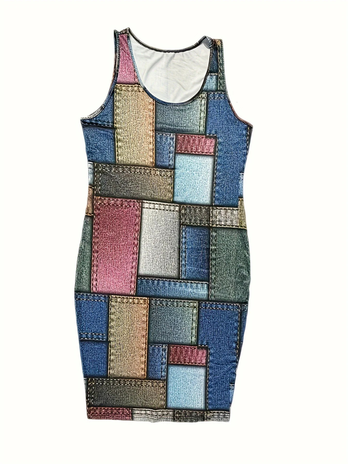 Plus Size Denim Print Fashion Dress EyeCatching Colorblock Soft Stretch Flattering Bodycon Fit Midi Length for Stylish Women 250207