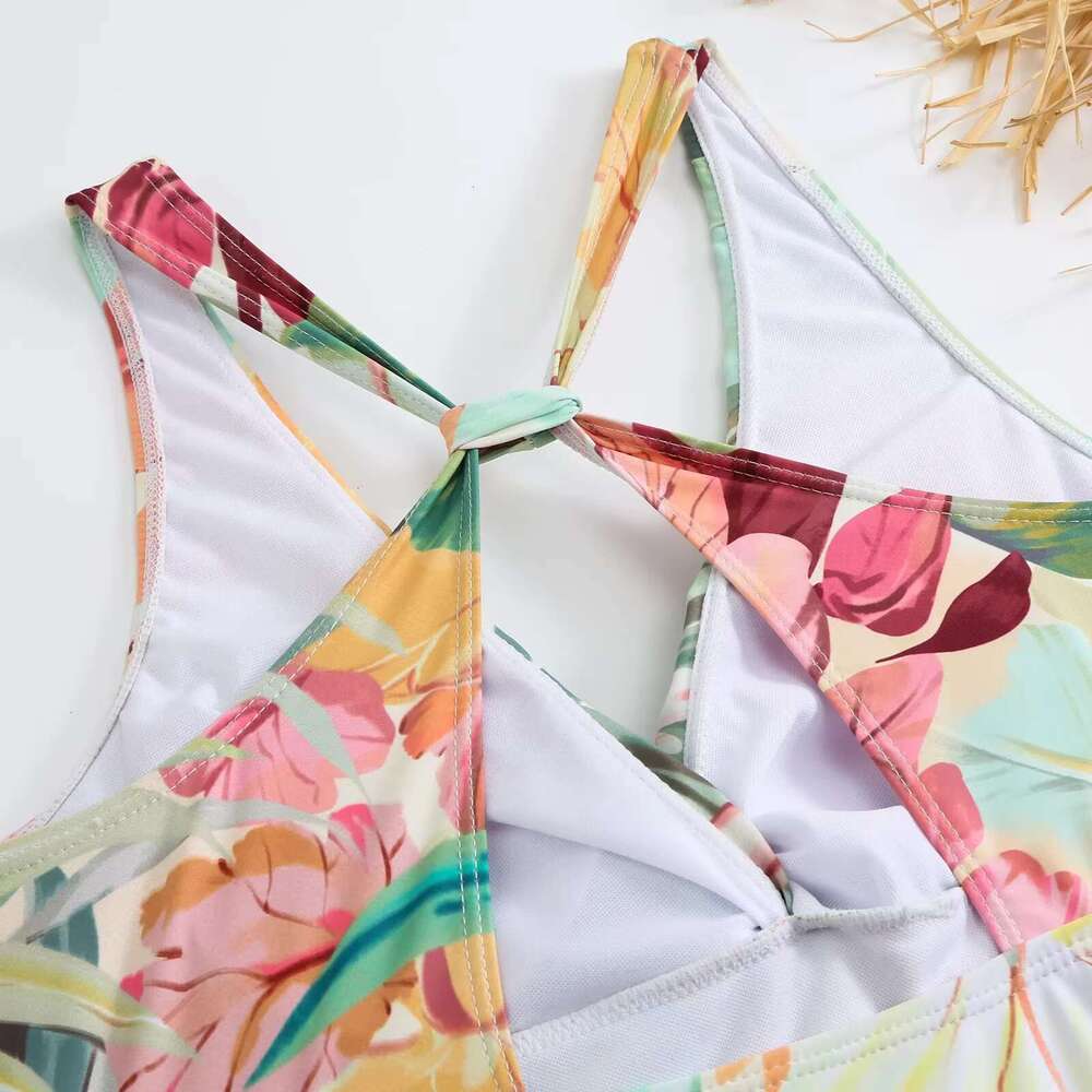One-piece Bikini Set Women ral Print V-neck Swimsuit Sexy High Waist Beach Skirt Bathing Suit Swimwear Summer Monokini