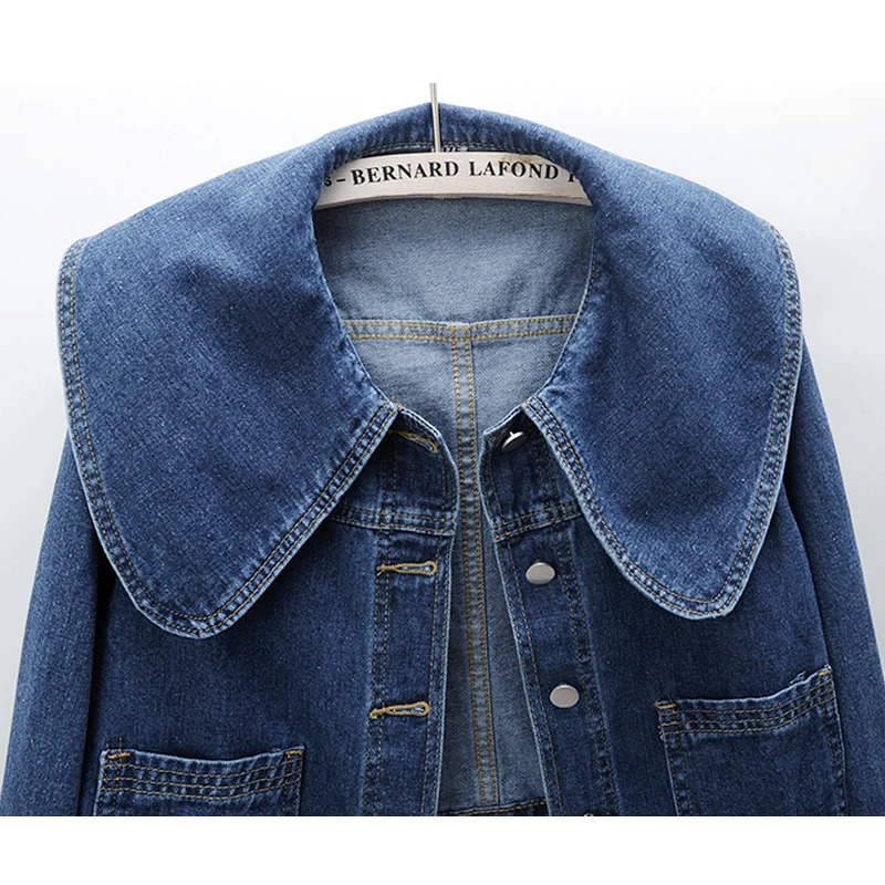 Peter Pan collar denim womens jacket Korean fashion long sleeved button up retro crop casual loose 250208Z