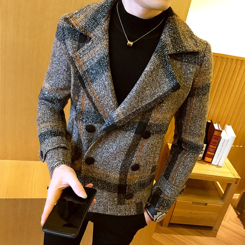 Autumn Winter Mens Short Slim Fit Woolen Coat Double Breasted n Casual Windbreaker Fashion Retro Trench Overcoat 5XLM 250109Z