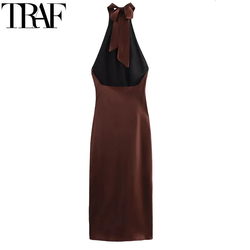 TRAF Halter Satin Long Dres Tied Backless Brown Midi Dress Summer Off Shoulder Party Dresses Pleated Evening 250207