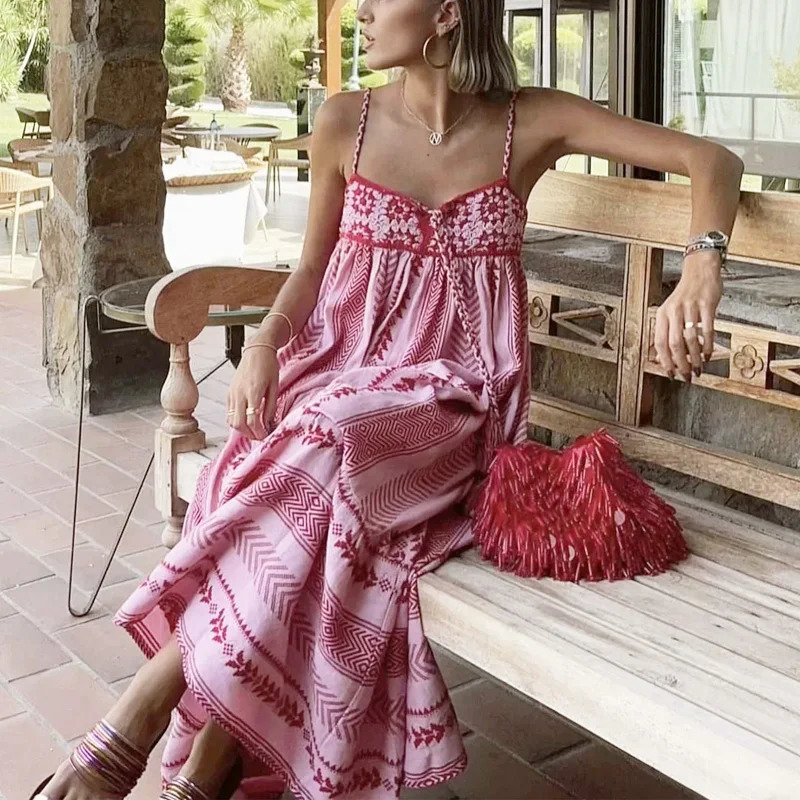 TRAF Long Dresses 2024 Summer Womens Elegant Midi Ladies Fashion Casual Print Embroidery Butterfly LaceUp Slip Dress 250207