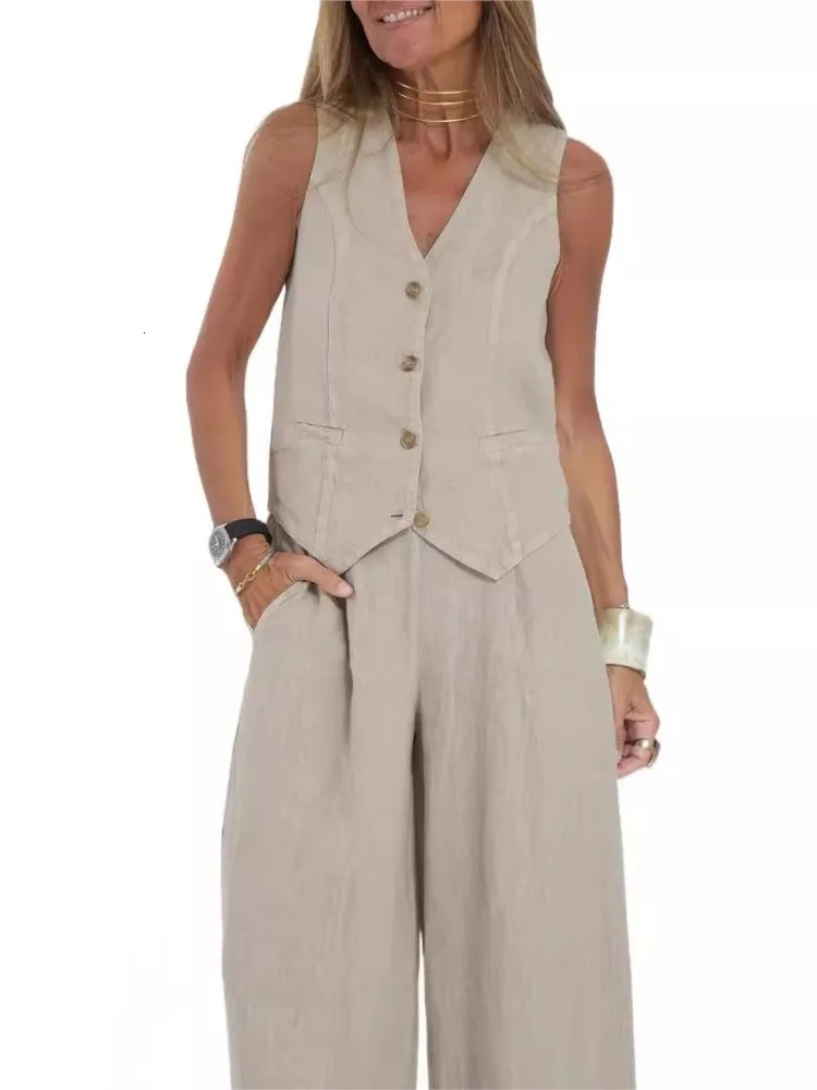 Womens Clothing Spring Summer Fashionable Vest Pants Collage Splicing Pure Sleeveless Color Temperament Casual Suit 250207