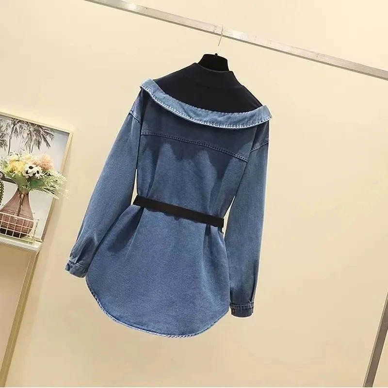 Womens Denim Jacket 2024 Spring Autumn Two Pieces Appear Thin Ladies Temperament Long Sleeve Female Cowboy Coat 250113