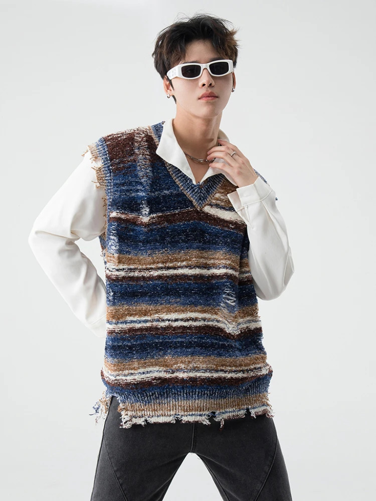 Sweater Vest Men Colorful Hole Raw Edge American Style High Street Males Striped Knitwear Allmatch Fashion Sleeveless Autumn 250110