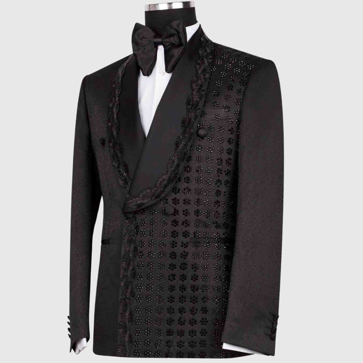 Vintage Men Suits Slim Fit 2 Pieces Shawl Lapel Beading Classic Men Wedding Suits Groom Double Breasted (Blazer+Pants) Customized