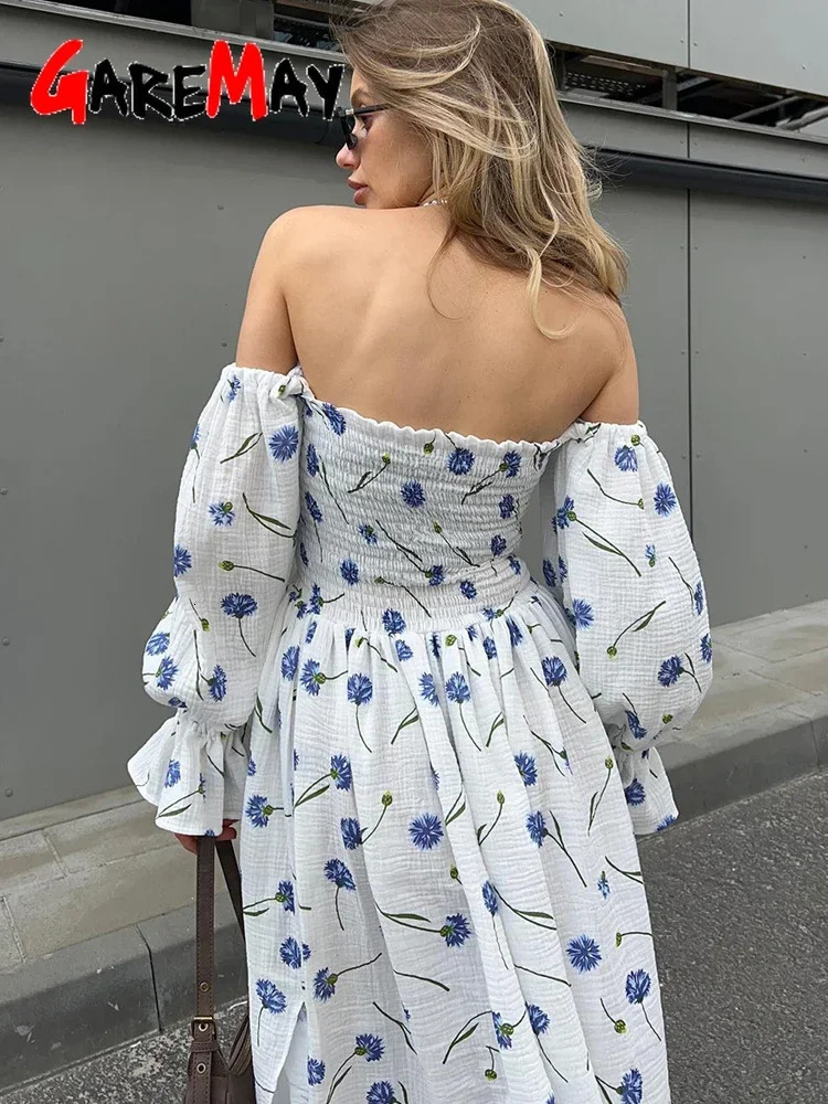 Womens Summer Cotton Dress 100 Elegant Ruffle Midi Floral Print with Side Slits Flower Vintage Muslin for Women 250207