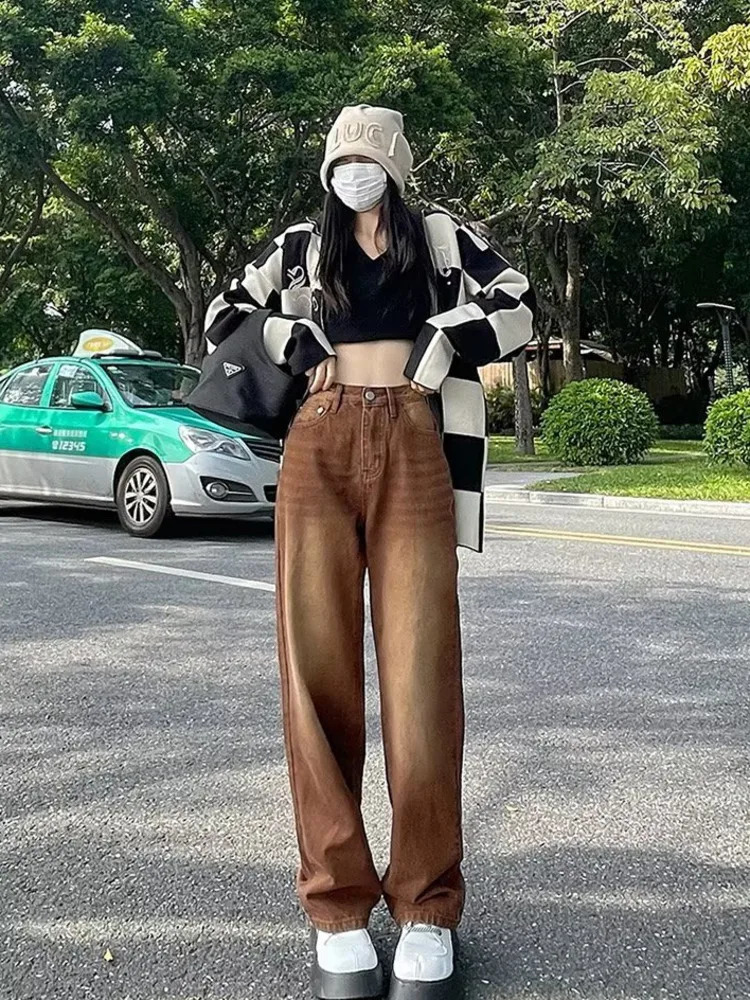 Feynzz European And American Retro Brown Jeans Womens Spring And Autumn High-waisted Straight-leg Loose And Thin Wide-leg Pants 250206