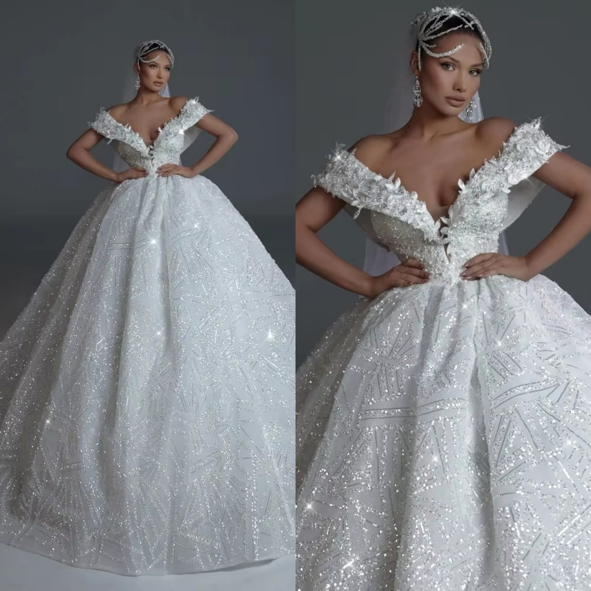 Off Shoulder Ball Wedding Dress, Sequins & Pearls, Sweep Train, Custom Made Bridal Gown