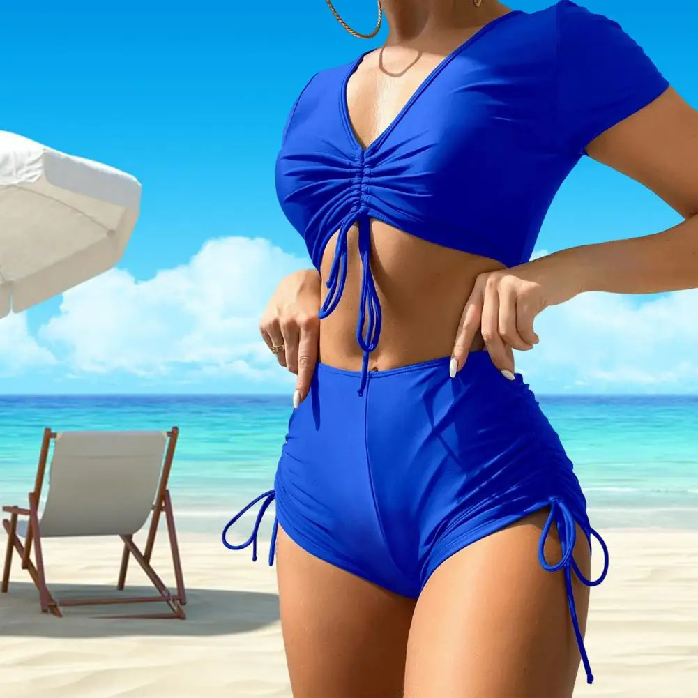 2Pcs/Set Summer Bikini Set V-Neck Short Sleeve Tops High Waist Drawstring Swimming Trunks Solid Color Quick Drying Swimsuit 250206